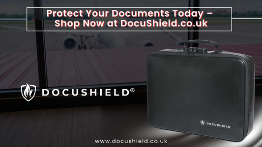 A travel scene featuring a black DocuShield® document bag placed next to various suitcases at an airport terminal, with an airplane visible through the window. The text overlay reads: 'Travel Smart: Secure Your Documents on the Go!